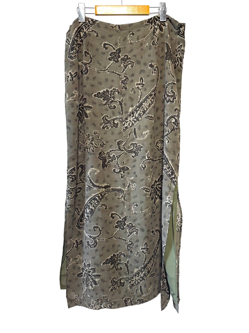 90s STUDIO JAX Olive Paisley Rayon Maxi Skirt Boho Mori Lagenlook Cottagecore